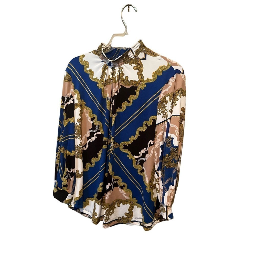 NY & Co Blouse Top Women's Size L Blue Paisley Round‎ Neck Long Sleeve Pullover